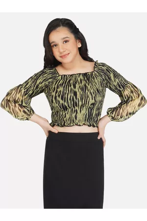 Antheaa Yellow & Black Animal Print Smocked Chiffon Blouson Crop Top