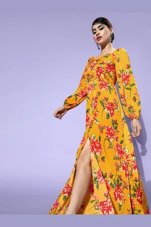 Berrylush Women Yellow Floral Puff Sleeves Dress