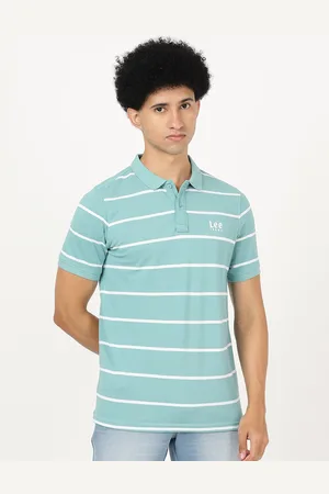 Lee Men Sea Green & White Striped Polo Collar Slim Fit Cotton T-shirt