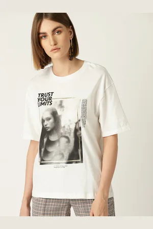 MANGO Women Off-White & Black Printed Round Neck T-shirt