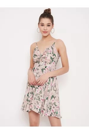 Berrylush Women Beige Printed Fit and Flare Dress