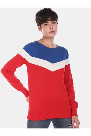 U.S. Polo Assn. Women Red & Blue Colourblocked Cotton Pullover Sweater