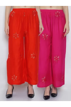 Jinfo Women Set Of 2 Red & Pink Embroidered Flared Palazzos