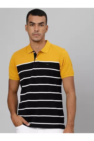 Richlook Men Mustard Yellow & Black Striped Polo Collar T-shirt