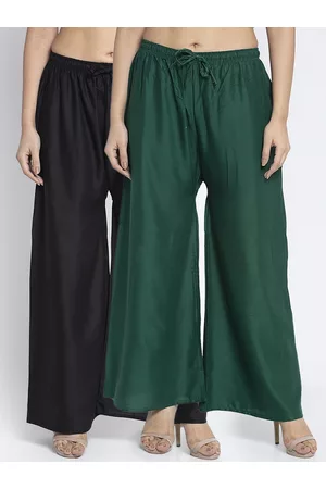 Jinfo Women Black & Green Set of 2 Solid Flared Knitted Palazzos