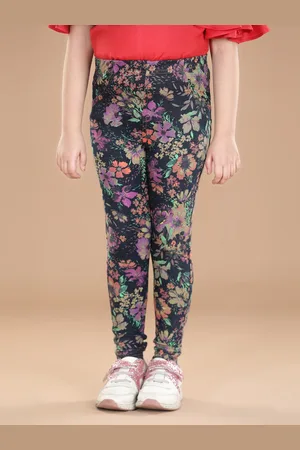 StyleStone Girls Black & Purple Printed Cotton Jeggings