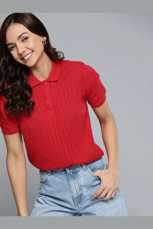 Mast & Harbour Women Red Self-Design Pure Cotton Polo Collar T-shirt