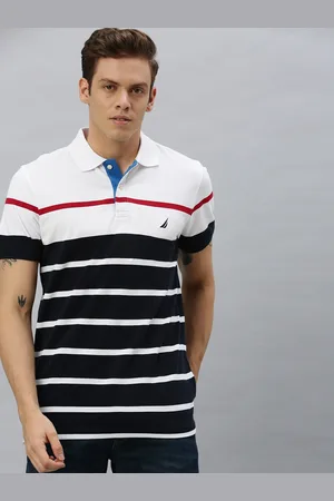 Nautica Men White & Navy Blue Striped Polo Collar Pure Cotton T-shirt