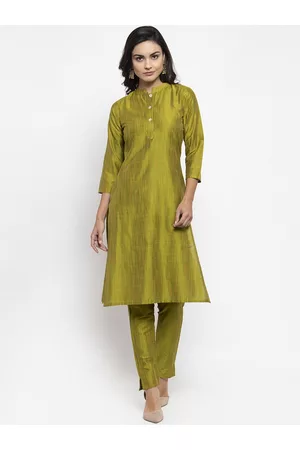 Jompers Women Green Pleated Kurti with Trousers