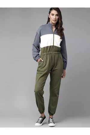 Roadster Women Loungewear - The Lifestyle Co Women Olive Green & Blue Colourblocked Pure Cotton Knitted Basic Jogger Jumpsuit