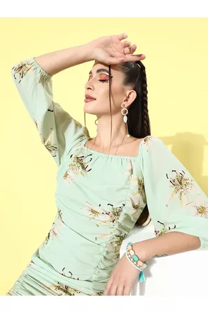 KASSUALLY Women Gorgeous Green Floral Volume Play Dress