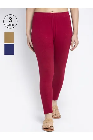 Jinfo Women Pack Of 3 Blue, Maroon & Skin Solid Ankle-Length Leggings