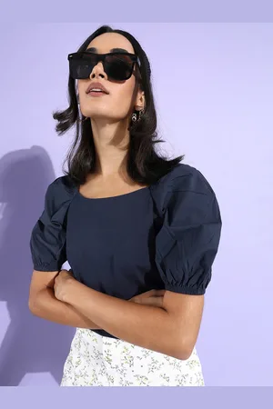 Mast & Harbour Women Deep Navy Blue Solid Volume Play Top