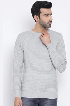 Richlook Men Grey Striped Pullover Sweater