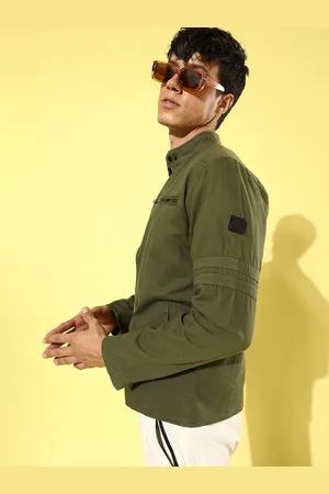 WROGN Men Olive Green Mandarin Collar Solid Pure Cotton Tailored Jacket