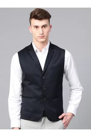 MANQ Men Navy Blue Solid Slim Fit Formal Waistcoat