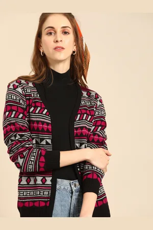 DressBerry Women Pink & Black Self Design Sweater
