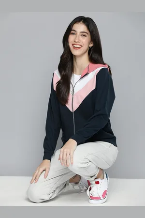 Mast & Harbour Women Colourblocked Pure Cotton Hooded Open-Front Sweatshirt