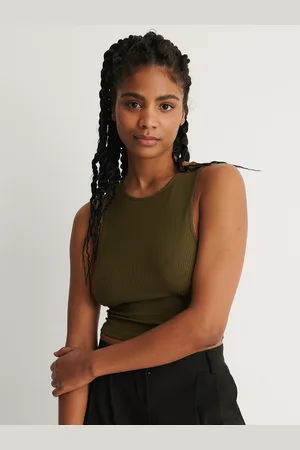 NA-KD Women Olive Green Ribbed Styled Back Top