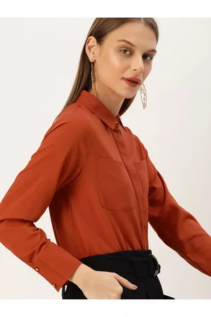 Invictus Women Rust Orange Regular Fit Solid Formal Shirt