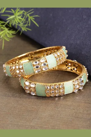 Priyaasi Set of 2 Gold-Plated Green Kundan Studded Bangles