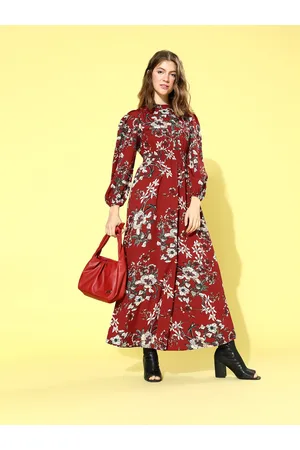 Berrylush Women Charming Maroon Floral Puff Sleeves Dress