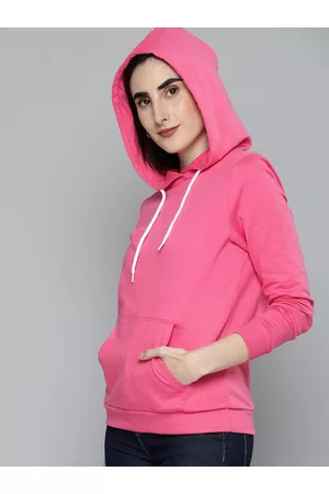 HERE&NOW Women Fuchsia Pink Solid Pure Cotton Hooded Pullover Sweatshirt