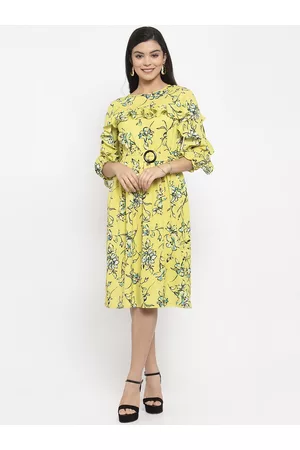 KASSUALLY Women Yellow & Black Floral Printed Fit and Flare Dress