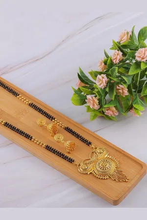 Brandsoon Black-Toned & Gold-Plated Beaded Traditional Mangalsutra With Earrings