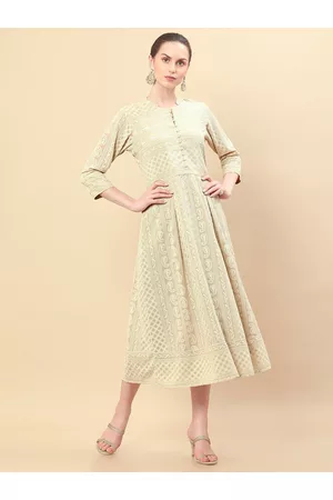 Soch Beige Ethnic Motifs Embroidered Georgette Ethnic A-Line Midi Dress