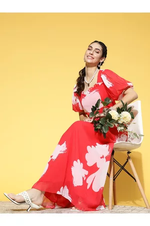 ATHENA Women Gorgeous Red Floral Volume Play Dress