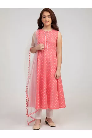Bhama Girls Pink Ethnic Motifs Printed Pure Cotton Kurta with Trousers & With Dupatta