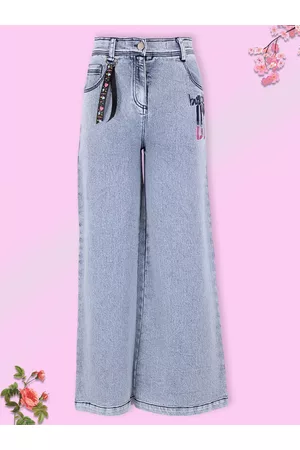 CUTECUMBER Girls Blue Low Distress Embroidered Stretchable Jeans