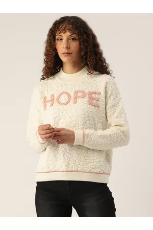 MADAME Women Off White & Peach-Coloured Typography Pullover