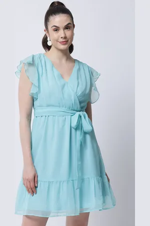 MARC LOUIS Women Turquoise Blue Georgette Wrap Dress