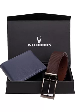 WildHorn Men Blue & Brown RFID Protected Genuine Leather Accessory Gift Set