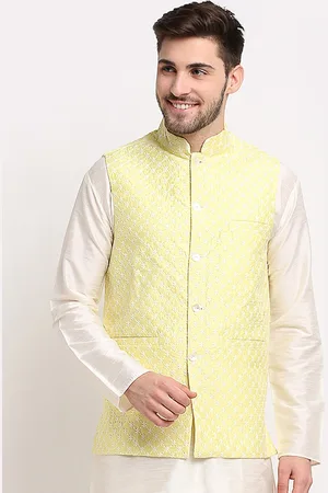 Jompers Men Yellow & White Embroidered Waistcoat