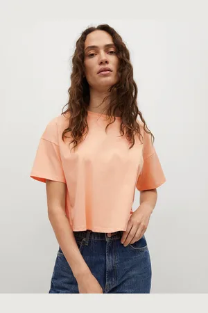 MANGO Women Peach-Coloured Pure Cotton Solid Drop-Shoulder Sleeves T-shirt