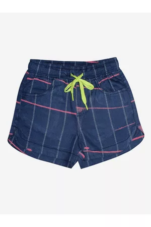 KiddoPanti Girls Navy Blue Checked Pure Cotton Shorts