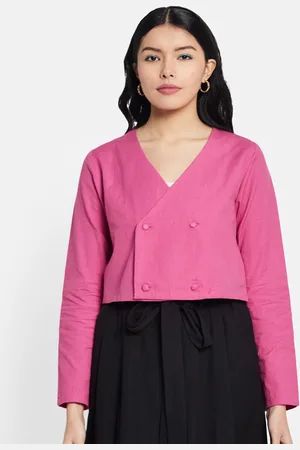 Fabindia Fuchsia Solid Cotton Linen Wrap Crop Top