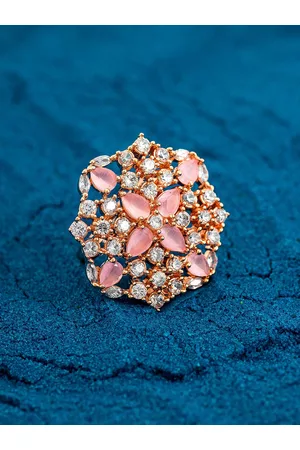 Aadita 18K Gold-Plated White & Pink AD-Studded Adjustable Finger Ring