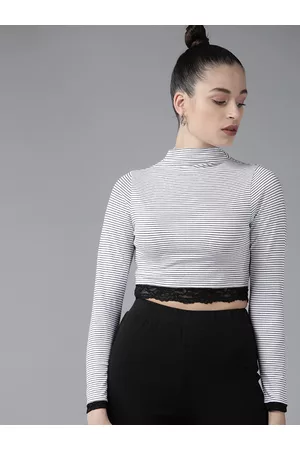 KASSUALLY Women Black & White High Neck Pure Cotton Crop Top