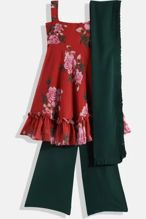 Ethnovog Girls Maroon Green Floral Print Made to Measure Kurta Palazzos Dupatta
