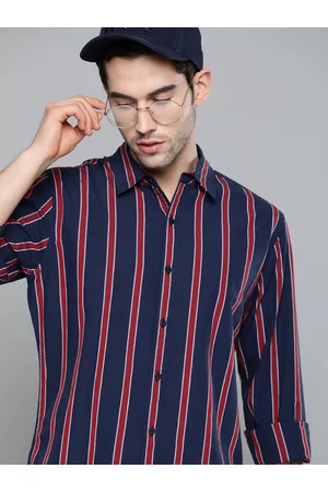 HARVARD Men Navy Blue & Red Regular Fit Pure Cotton Striped Casual Shirt