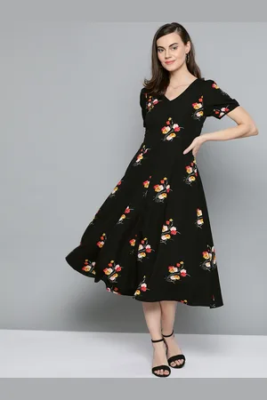 Harpa Women Black & Yellow Printed A-Line Dress