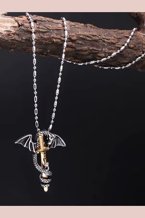 Yellow Chimes Men Silver-Toned Sword Dragon-Shaped Pendant With Chain
