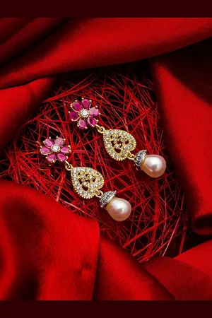 Aadita Gold-Toned AD Studded Floral Drop Earrings