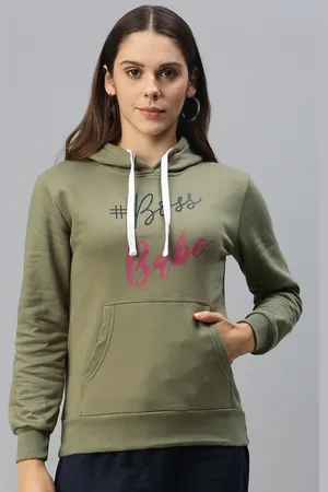 Campus Women Olive Green Printed Hooded Pullover Sweatshirt