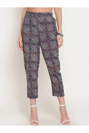 Sera Women Navy Blue Straight Fit Printed Cigarette Trousers