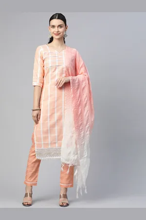 RAJGRANTH Women Peach-Coloured Thread Work Kurta with Trousers & With Dupatta